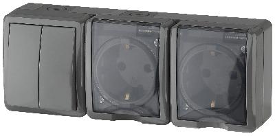 11-7404-03 ЭРА Блок две розетки+выключатель двойной IP54, 16A(10AX)-250В, ОУ, Эра Эксперт, серый (5/