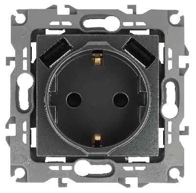 12-4109-12 ЭРА Розетка 2P+E 16A-250В, штор. с 2xUSB 5В-3А, Эра12, графит (10/100/2000)