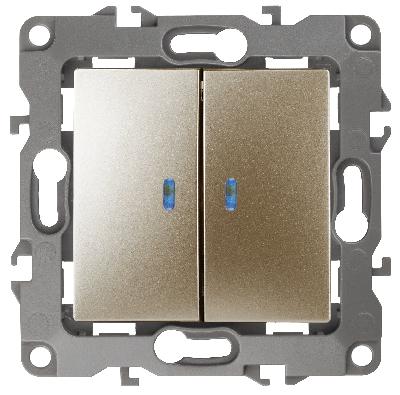 12-1105-04 ЭРА Выключатель двойной с подсветкой, 10АХ-250В, IP20, Эра12, шампань (10/100/2500)