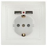 Розетка Intro Plano 1-410-06 с заземлением 2P+E Schuko со шторками, 16А-250В + 2хUSB 5В-2,1А, IP20, СУ, перламутр