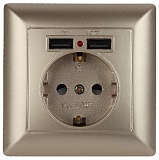 4-410-04 Intro Розетка P+E Schuko со шторками, 16А-250В + 2хUSB, СУ, Solo, шампань (10/100/2500)