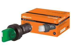 Переключатель на 3 положения SB7-CK3365 с фиксацией, 1НО+1НЗ, стандартная ручка, d22 мм, с подсветкой 220 В LED, зеленый, IP40 TDM