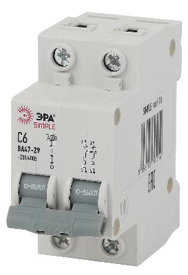 SIMPLE-mod-10 ЭРА SIMPLE Автоматический выключатель 2P  6А (C) 4,5кА ВА 47-29 (6/90/2520)